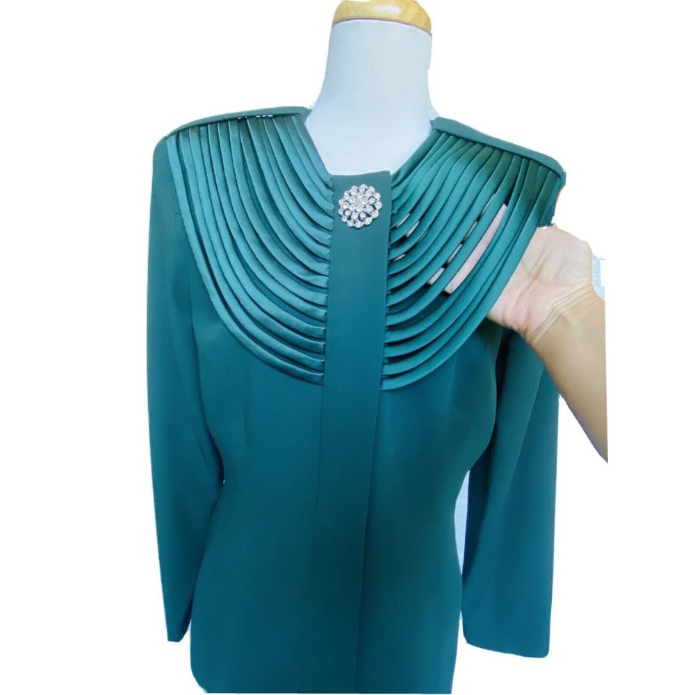 Karen Lawrence by Matthew Vintage Emerald Green Two-Piece Skirt Suit Bib Collar - Picture 9 of 12